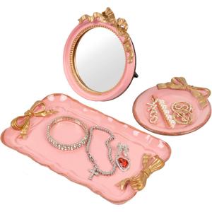 Perfume Tray Coquette Room Decor - 3 Pcs Decorative Jewelry Tray & Bow Makeup Mirror, Cute Jewelry Organizers, Aesthetic Anthropologie Hoom Decor for Room Bathroom Dorm, Vintage Gifts for Women, Pink