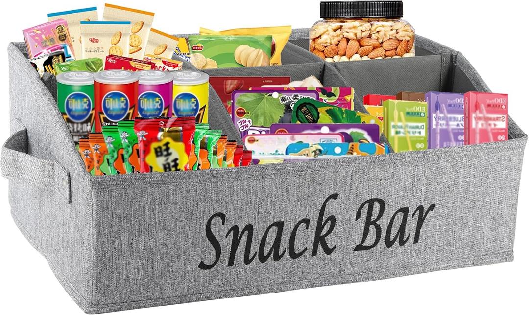 Snack Organizer for Countertop, Fabric Snack Container with Handles, 6 Compartment Snack Box Bin Snack Basket, Snack Bar Station Decor, Kitchen Cabinet Pantry Organizer and Storage (Grey)
