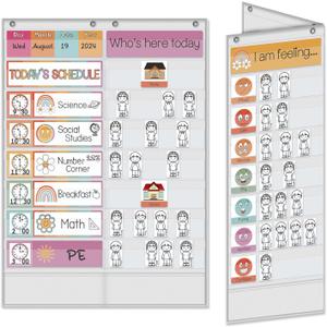 ABCKEY Class Schedule Pocket Chart, Double-Sided Foldable, for Teacher and Student Use, Schedule Cards, Attendance Cards, Mood Cards (Smiling (White))