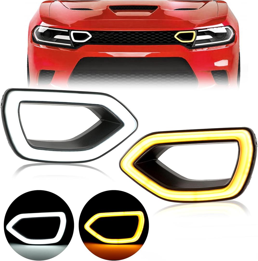 HECASA Grille Lights LED Compatible with 2015-2022 Dodge Charger SRT/Scat Pack Daytona SXT & R/T Front Bumper White & Yellow Lights for DRL Smoked Left & Right Side