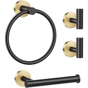 Lairuier Bathroom Hardware Set, 4-Piece Towel Holder Set Include Toilet Paper Holder,Towel Ring and 2 Towel Hooks Stainless Steel Wall Mounted Bathroom Hardware Accessories Set (Black and Gold)