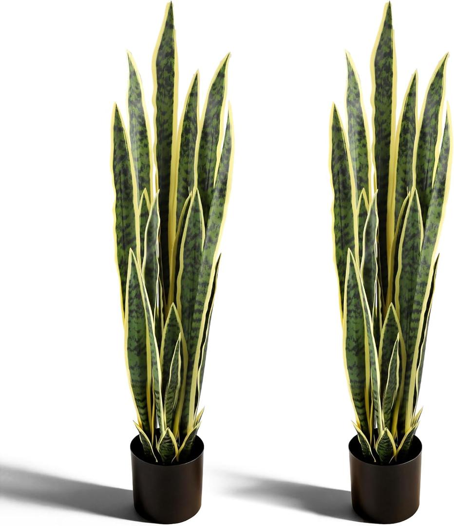 3.28FT Artificial Snake Plant 2 Pack, Faux Sansevieria with 28 Lifelike Leaves in Black Pot, Indoor Outdoor Tall Greenery for Home Office Garden Decor
