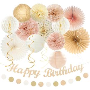 Champagne-Gold Beige Fall Boho Birthday Party-Decorations - 21pcs Autumn Neutral Retro Happy Banner,Girl One Sweet Peach Paper Streamers Lanterns,Tissue Pom Poms Fan,Rustic Backdrop Decor Huglony