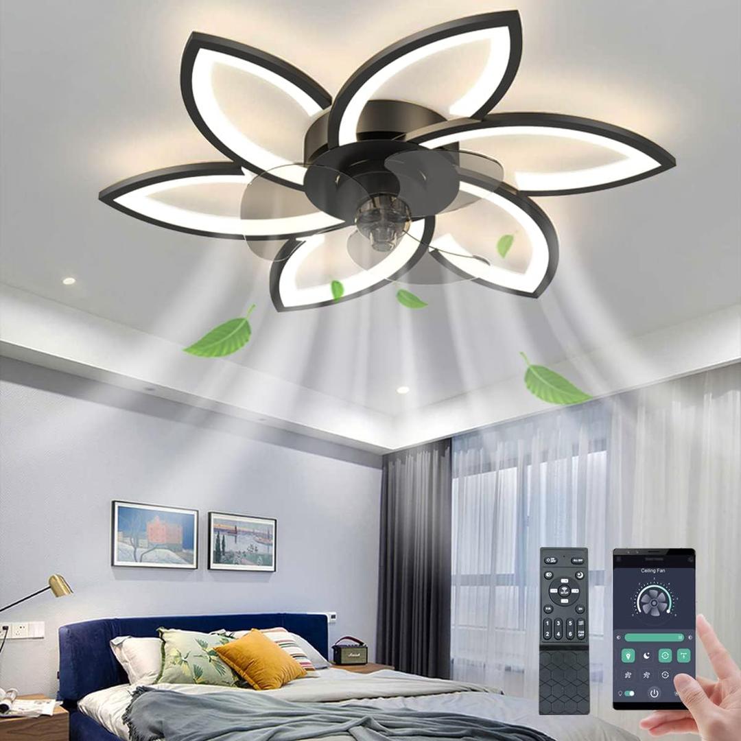 30" Ceiling Fan with Lights Remote Control, Modern Low Profile Flush Mount Ceiling Fan with Lights Dimmable Ceiling Fans 3 Color 6 Speed for Bedroom Living Dining Room Kitchen - Black