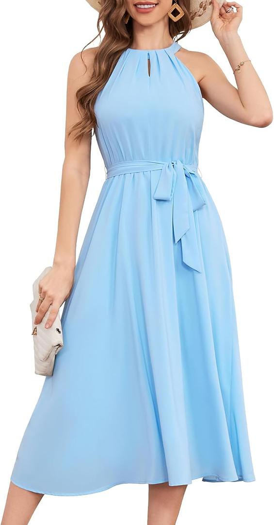 Bbonlinedress Women Halter Chiffon Wedding Cocktail Bridesmaid Summer Dress Formal Beach Prom Party Maxi Flowy Sun Dress (Blue, XL)