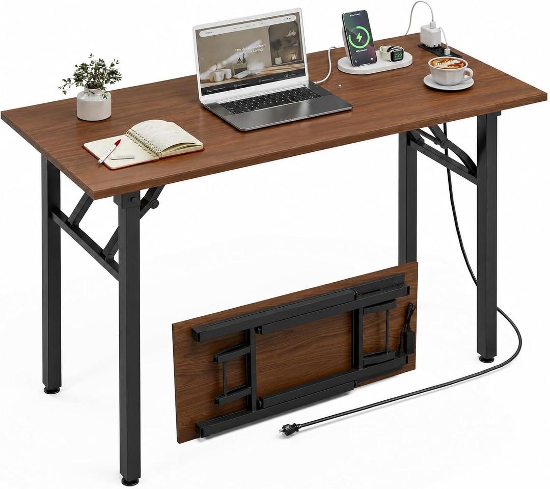 XBurmo Small Folding Desk Folding Table, No Assembly Foldable Desk Gaming Desk, 43.3-Inch Computer Table Workstation with 2 AC Outlets and 2 USB Ports for Bedroom and Home Office, Dark Walnut, 43.3 x 19.6 Inch