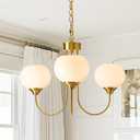 FEAZAC Modern Globe Chandelier 3 Light Mid Century White Milk Glass Vintage Sputnik Chandeliers Gold Pendant Light Fixtures for Dining Room Kitchen Living Room Bedroom (Chain)