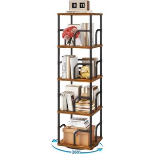 IBUYKE 5 Tier Square Rotating Bookshelf, 360 Spinning Bookcases Tower,Freestanding Corner Bookshelf with Rails,Industrial Swivel Bookcase Organizer for Bedroom, Living Room,Study,Brown,UTBC004H