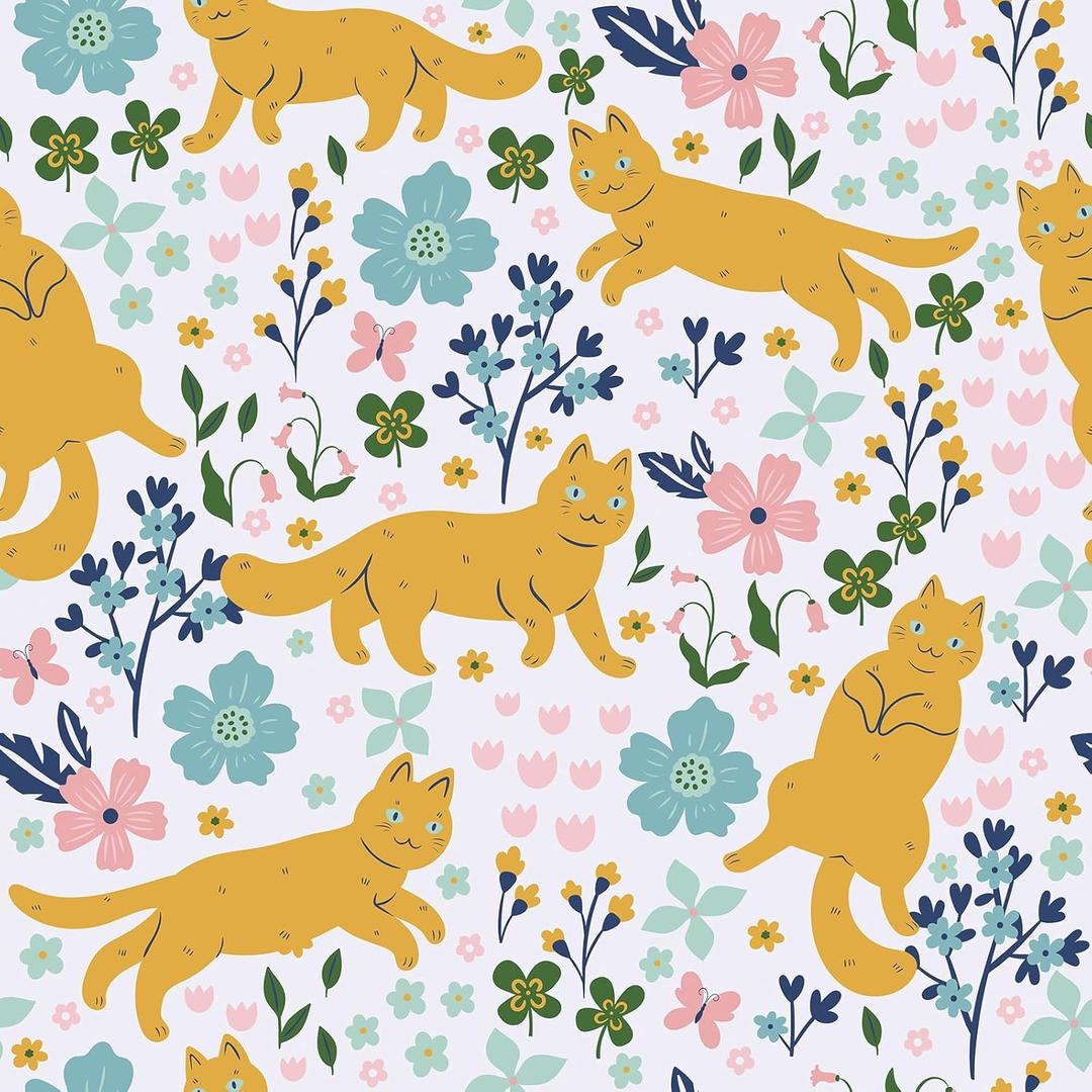 CRE8TIVE Yellow Cat Wallpaper Stick and Peel Kitten Butterfly Floral Peel and Stick Wallpaper for Bedroom 12"x118" Self Adhesive Renter Friendly Animal Cat Contact Paper for Cabinets Kids Room Nursery