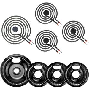 Electric Stove Burner Drip Pans,Stove Burner Covers W10290353(6") W10290350(8")+Electric Stove Burner Replacement MP15YA(6") MP21YA(8") Compatible for Whirl-pool Ken-more May-tag Ama-na etc by MIFLUS (Black)