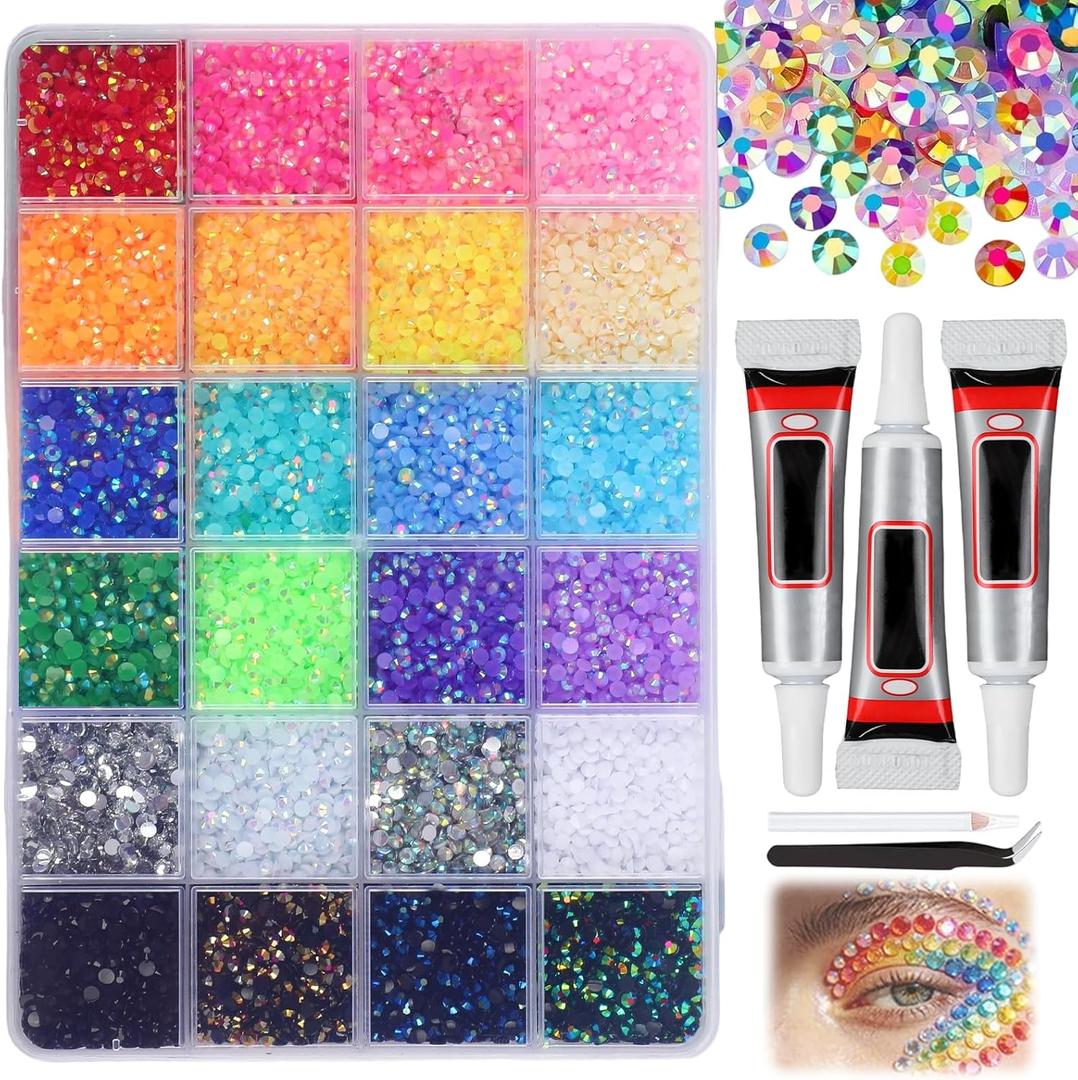 Colorful DIY Resin Rhinestone Kit for Bedazzling,Resin Jelly Rhinestones for Bedazzling,Multicolor Flatback Gems for Diamond Art 3Pcs Jewelry Glue for Bedazzled Nail Art (24000)