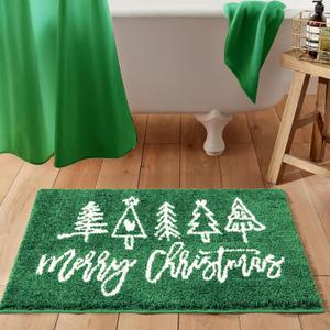 Merry Christmas Tufted Indoor Doormat Washable, Cute Green Modern Christmas Tree Bathroom Rugs Non Slip, Festive Xmas Holiday Winter 2x3 Throw Area Rugs for Kitchen Entryway