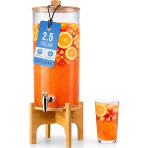 Drink Dispenser with Bamboo Stand & Spigot (2.5 Gallon) Large Plastic Beverage Dispenser for Parties, Cocktails, Juice, Lemonade, Water, Soda, Sangria & More, LARGE 2.5 GALLON CAPACITY - Spacious drink dispenser holding up to 2.5 gallons (9.5L)