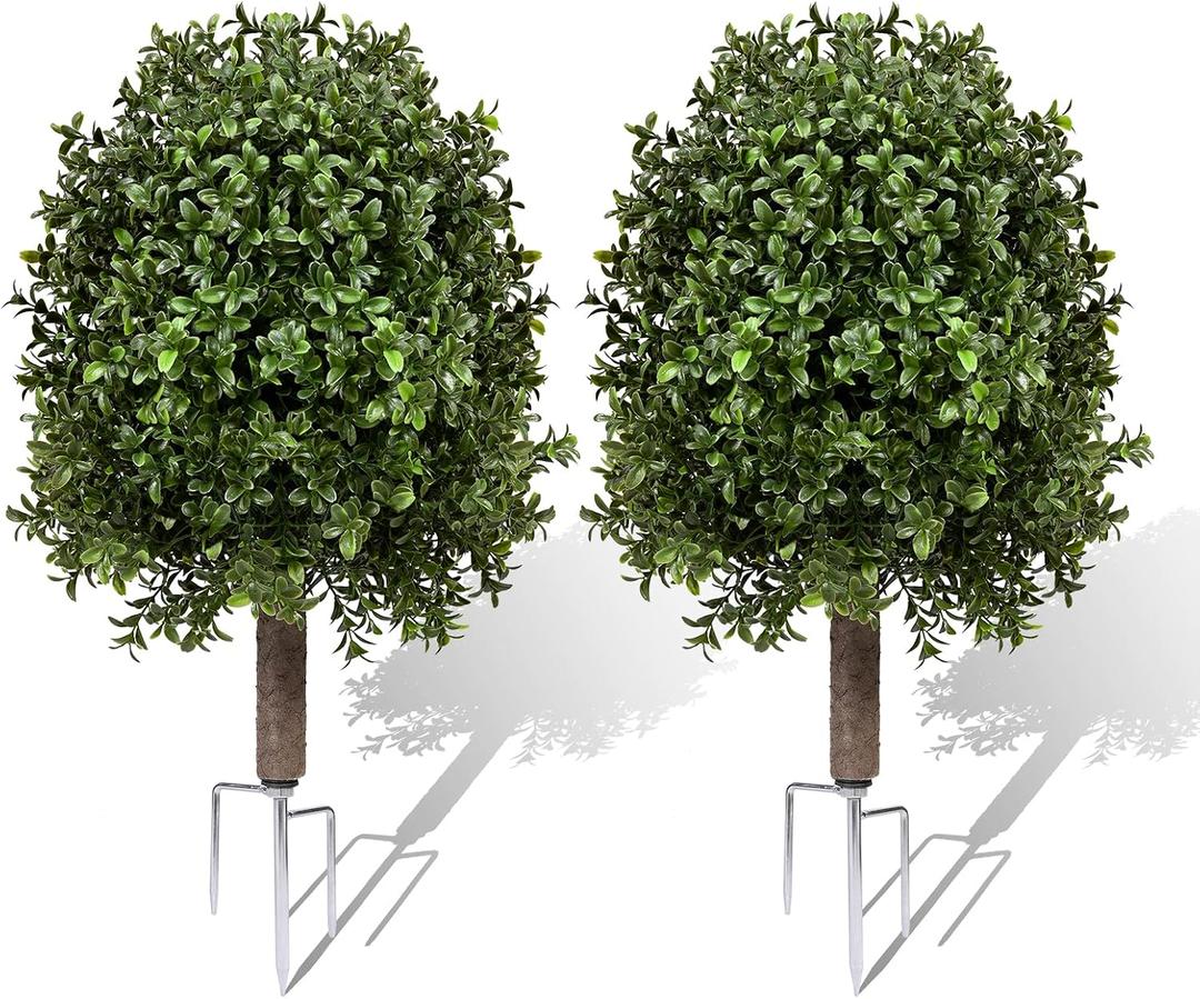 25" Artificial Boxwood Topiary Ball Tree - 2-Pack Realistic Touch Dual-Tone UV-Resistant Outdoor Fake Plant with Triangular Stake & Natural Trunk Texture, Faux Topiary Bush for Garden Porch Decor