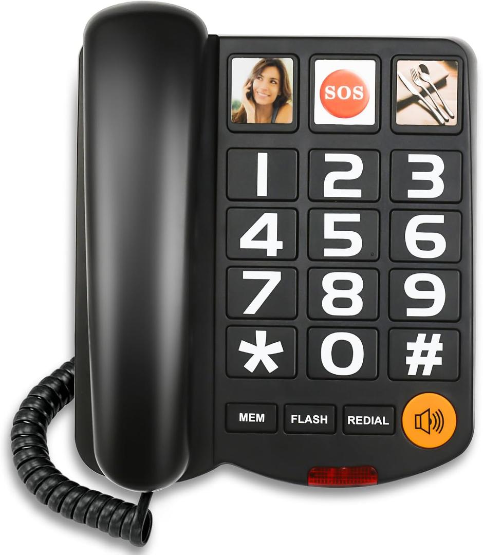 Sangyn Landline Phones for Seniors with Large Button Corded Telephone for Home with Amplified Loud Ringer Volume Adjustable One-Touch Dialing Big Button Telephones for Visually Hearing Impaired,Black