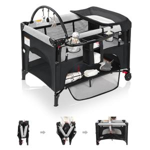 4 in 1 Baby Bassinet Bedside Crib with One-Hand Setup & Waterproof Mattress  ASTM-Certified Pack and Play, Portable Foldable Playard with Diaper Changer for Newborn to Toddler(Black)
