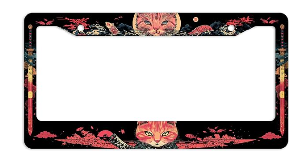 Kawaii Cut Cat License Plate Frame Anime Japanese Samurai Sword Koi Car Front License Plate Personalise Funny Design Compatible with Standard License Plate Holder for USA and Canada 12.2"x6.2"