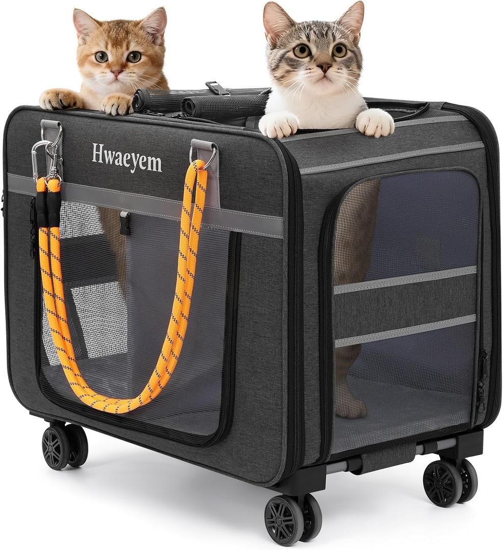Rolling Cat Carrier for 2 Cats, 24" Large Capacity Pet Carrier with Wheels for Pets up to 40 lbs, Double Compartment Dog Travel Bag with Removable Divider & Telescopic Handle, Foldable(Black, 24inch)