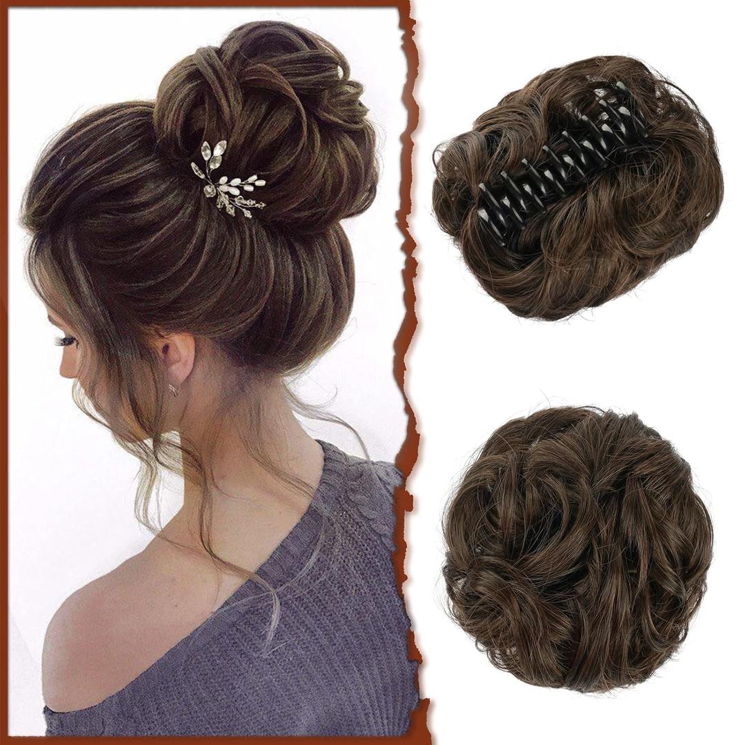 SOFEIYAN Claw Clip Messy Bun Hair Piece Wavy Curly Hair Bun Clip in Claw Chignon Ponytail Hairpieces Synthetic Tousled Updo Hair Extensions Scrunchie Hairpiece for Women, Brown/Light Auburn Mixed