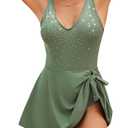 Women's One Piece Swimsuit Sparkly Rhinestone Tie Knot Swim Dress | Tummy Control Bathing Suit Modest Full Coverage Swimwear 2026 (Green, S)