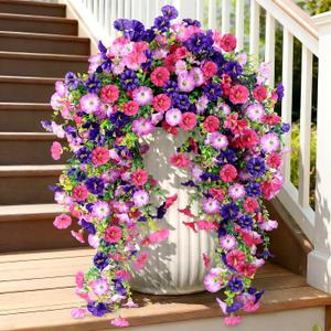 Artificial Hanging Flowers for Outdoors, 5Pcs Faux Silk Fake Morning Glory for Spring Summer, UV Resistant Realistic Plants for Home Garden Porch Patio Balcony Planter Yard (5pcs mixed purple)