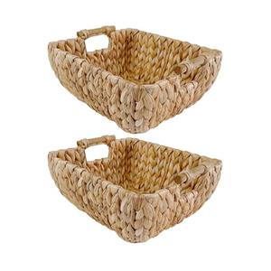 Pixoframe Large Rectangular Handwoven Wicker Basket - Water Hyacinth Storage Baskets with 2 Polished Wooden Handles for Store Hand Towels, Fruits & Veggies etc - 13.25"x12"x6.25" - Pack of 2 - Natural