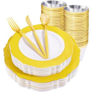 WDF 150pieces Yellow Disposable Dinnerware Hign-end Baroque Design - Sturdy&Durable Baroque Yellow Sunshine&Gold Plastic Dinnerware for Upscale Wedding/Birthday/Party (large and small)