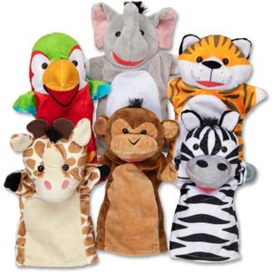 Melissa & Doug Safari Buddies Hand Puppets, Set of 6 (Elephant, Tiger, Parrot, Giraffe, Monkey, Zebra) Soft, Plush Animal Hand Puppets For Toddlers And Kids Ages 2+ Melissa & Doug Safari Buddies Hand Puppets, Set of 6 (Elephant, Tiger, Parrot, Giraffe, Monkey, Zebra) Soft, Plush Animal Hand Puppets For Toddlers And Kids Ages 2+