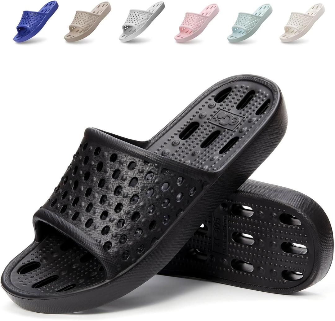 Xomiboe Shower Shoes Men Quick Drying Women Shower Sandals Non-Slip Comfortable House Slippers Bathroom Hotel Flip Flops Slides With Students Gym (Black)