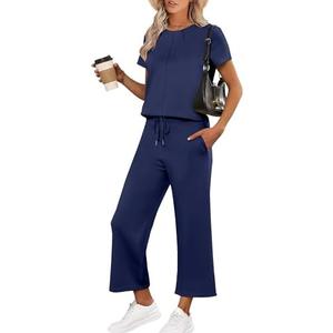 ANRABESS Women's 2 Piece Outfits Lounge Sets 2025 Summer Sweatsuits Short Sleeve Wide Leg Pants Sweat Set Tracksuits Clothes Navy Blue Small, S