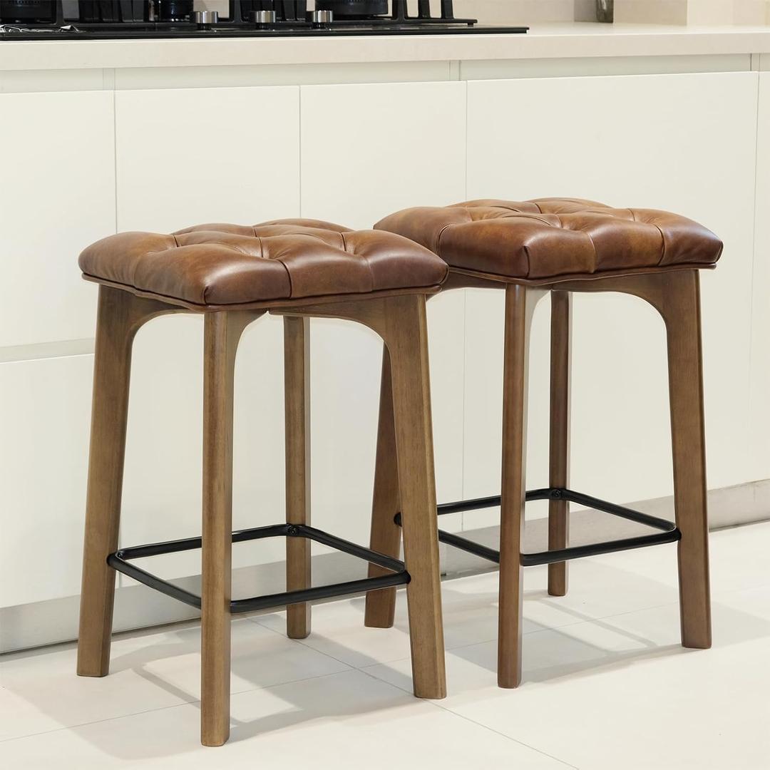 Bar Stools Set of 2, BarEasy 24 inch Counter Height Bar Stools, Barstools Upholstered Faux Leather Bar Stool, Solid Wood Backless Bar Stools For Kitchen Counter Island, Breakfast Bar, Restaurant-Brown