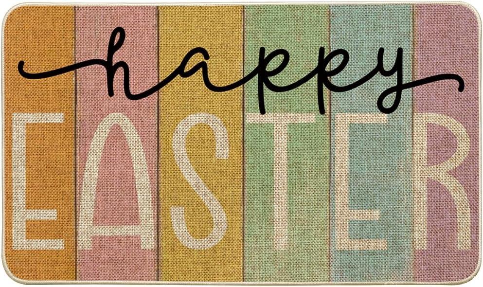 Artoid Mode Stripes Happy Easter Doormat, Spring Home Decor Low-Profile Switch Rug Door Mat Floor Mat for Indoor Outdoor 17x29 Inch
