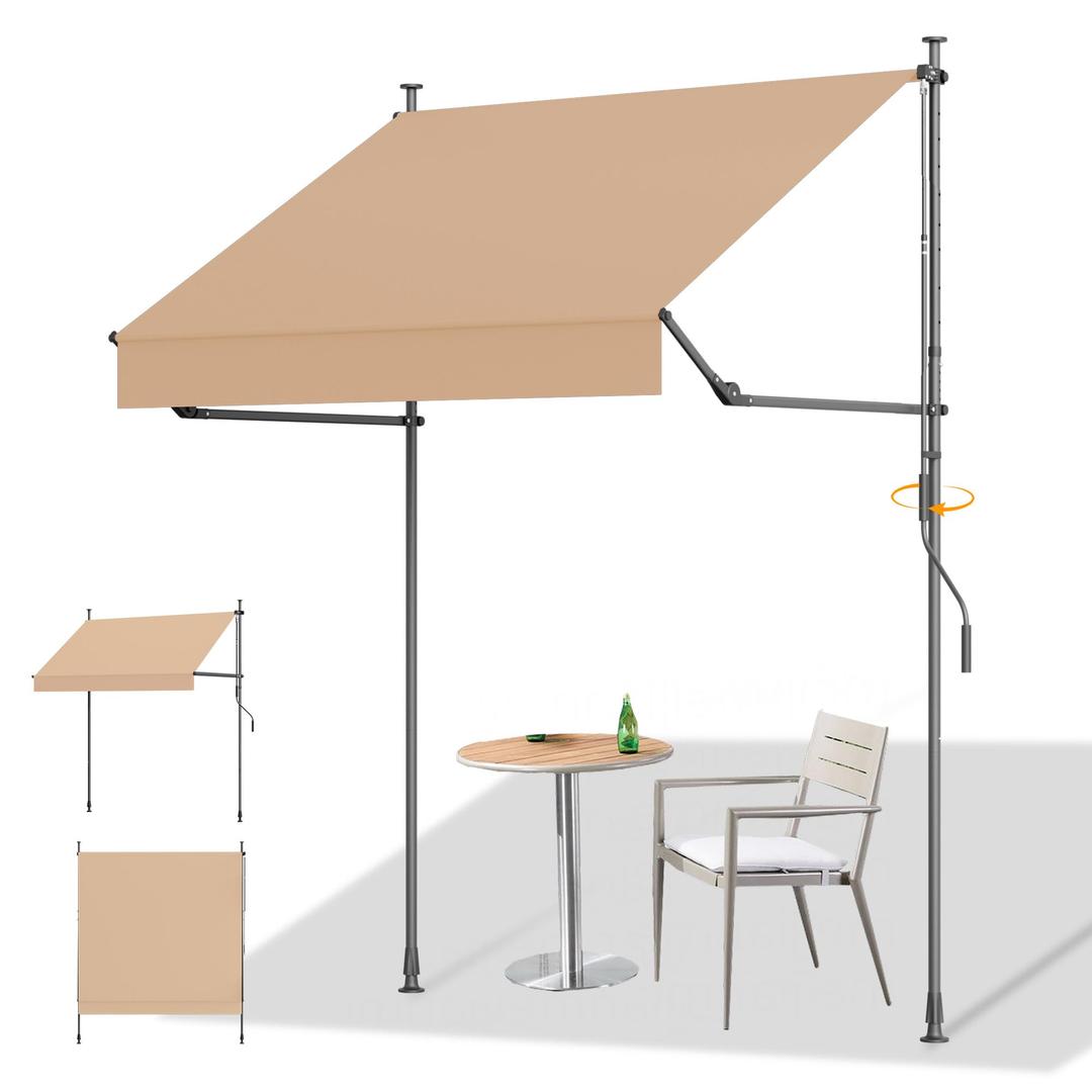 HOMEDEMO Manual Retractable Awning, 138" W x 118" H Foldable Side Bar 30-180, Outdoor Patio Awnings Height Adjustable 82-118", NO Drilling Awings for Backyard Garden Porch Outside Camel