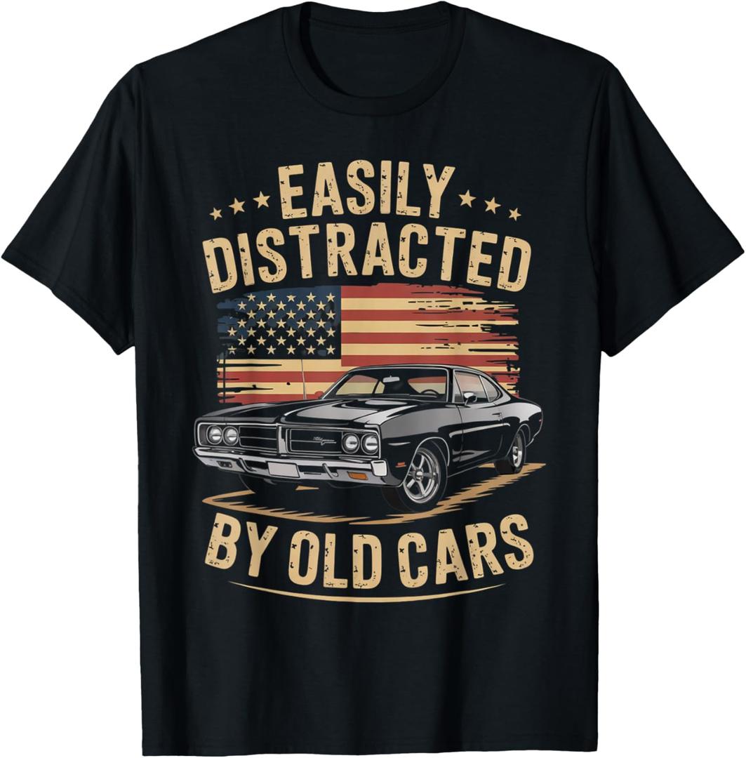 Easily Distracted by Old Cars Classic Car Guy Funny Vintage T-Shirt L