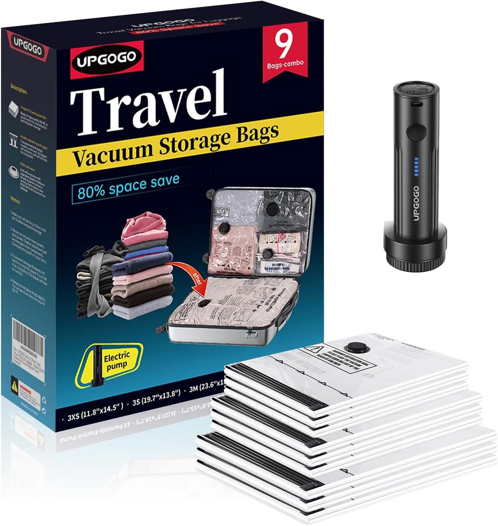 UPGOGO Travel Vacuum Bags for Luggage with Portable Electric Pump,Vacuum Seal Bags for Clothing,Packing Cubes Compression,Cruise Ship and Travel Essentials(Combo 9 Pack)