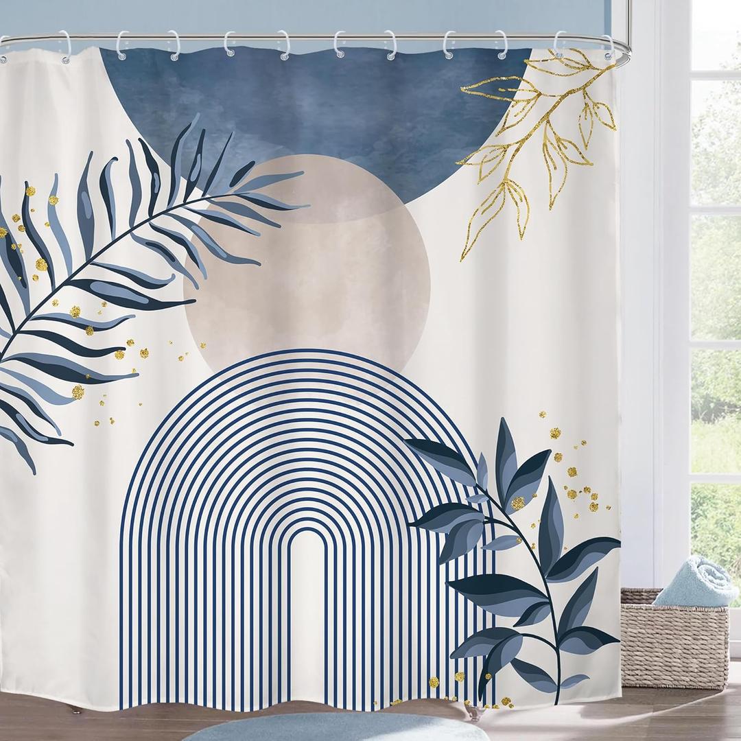 Blue Boho Shower Curtain 72Wx72H Modern Bohemian Abstract Leaves Plant Botanical Grey Mid Century Minimalist Arch Bathroom Decor Geometric Neutral Bath Curtain Fabric Polyester 12 Pack Hook