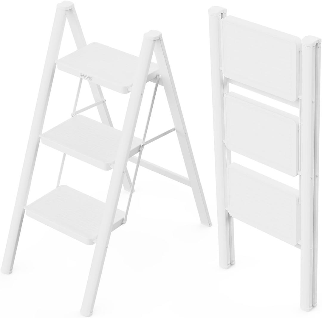WOA WOA 3 Step Ladder, Folding Step Stool with Wide Pedals, Compact Stepping Stool for Kitchen, Sturdy Steel Ladders with Anti-Slip Feet, Supports up to 330 lbs - White