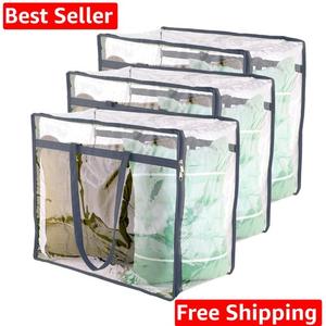 Clear Vinyl Zippered Storage Bags (3Pack) 40L Sturdy Storage Bags for Sweaters, Blankets, Comforters, Bedding Sets and Much More! (Gray, 18x15x9)