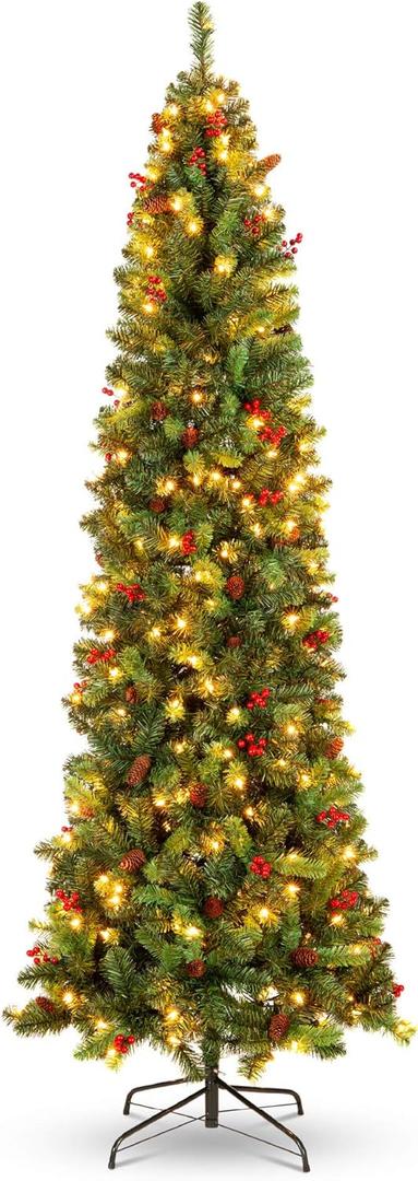 Best Choice Products 6ft Pre-Lit Spruce Pencil Christmas Tree Pre-Decorated for Home, Office, Party, Holiday Decoration w/ 618 Tips, 250 Lights, Pine Cones, Metal Hinges & Base - Green