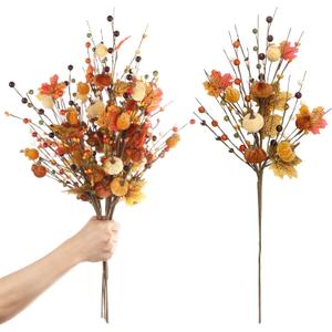 RoseCraft 4PCS Fall Decor, 19.5Inch Artificial Red Berry/Maple Leaf/Pumpkin Floral Stems Fall Branches Decorations, for Autumn Harvest Weeding Birthday Holiday Home Vase Arrangement Indoor Decor.