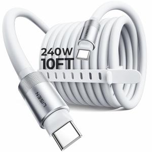 LISEN 10FT USB C Cable Fast Charging, Chubby 240W Cable USB C to USB C Fast Charging Soft Silicone USBC to USBC Parallel Cable for iPhone 17 Pro Max 16 15 Samsung S25 Ultra MacBook Pro Air iPad White
