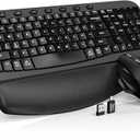 Wireless Keyboard and Mouse Combo – Ergonomic Wave Key, Built-in Leather Soft Palm Rest, 2.4G Full Size, 8 Hotkeys, 6-Button Mouse with 4-Level DPI, Dual USB-A/USB-C, Windows & macOS Compatible, Modern Black