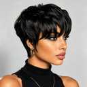 Short Human Hair Wig for Women Pixie Cut Wigs with Bangs Layered Style Glueless Full Machine Made Natural 1B, 4#, 99J Colors for Daily Use Brazilian Virgin Human Hair Wig (1b)