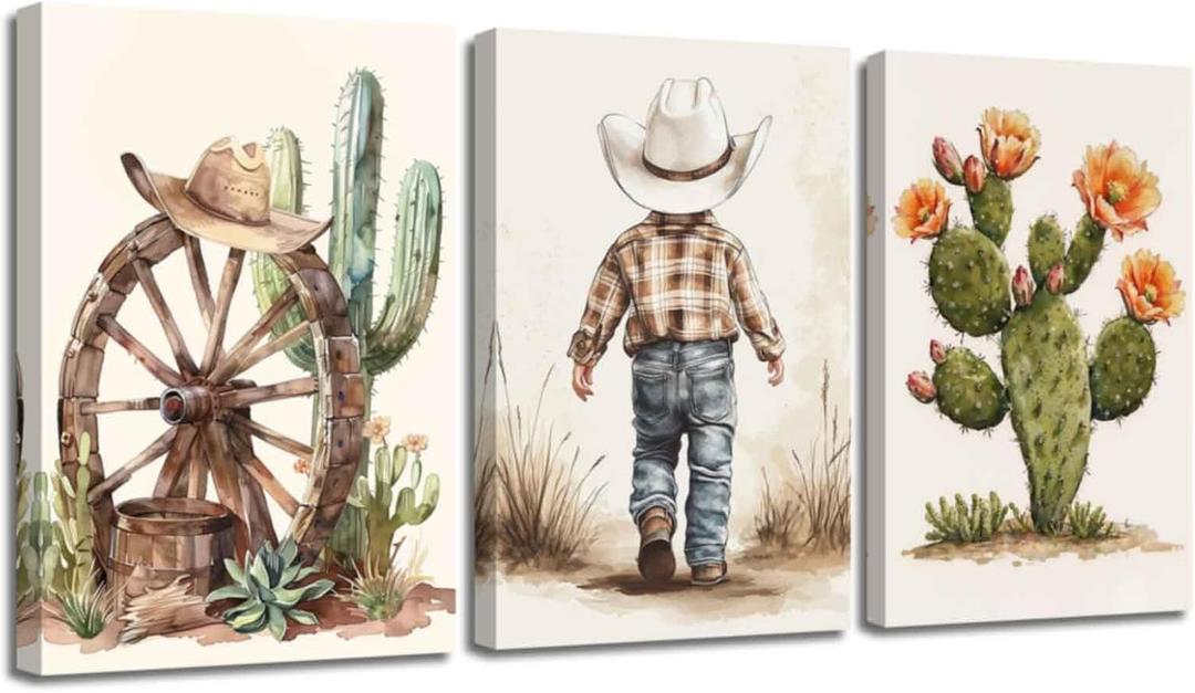 XLMDYYSW Western Cowboy Wall Art Set of 3 Nursery Canvas Prints Cactus Desert Poster Picture Cowboy Hats Paintings for Baby Boys Bedroom Children Decor Framed (Brown, 16.00" x 24.00" x 3PCS)