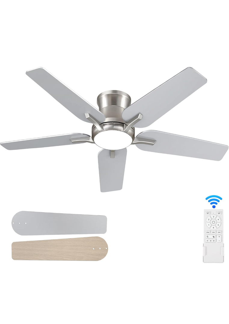 42 Inch Ceiling Fans with Lights and Remote, Brushed Nickel Flush Mount Low Profile Ceiling Fan for Bedroom, Living Room, Patio, Dimmable 6 Speeds Noiseless Reversible, ETL Listed