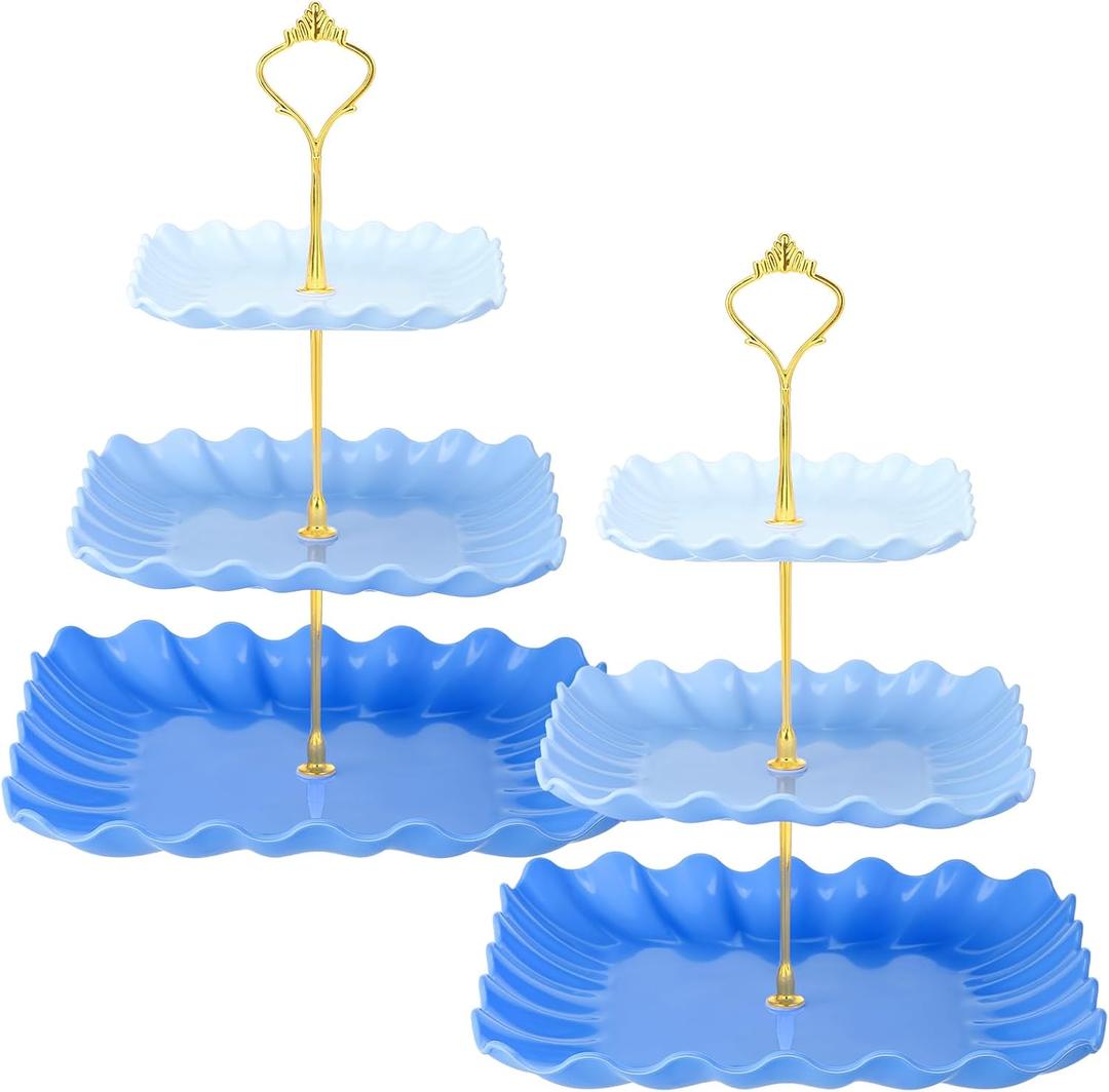 Lallisa 2 Pack Scalloped Cupcake Stand Dessert Plates Plastic Square Tiered Serving Stand Display Tower for Wedding, Birthday Party, Tea Party and Baby Shower(Blue Gradient)