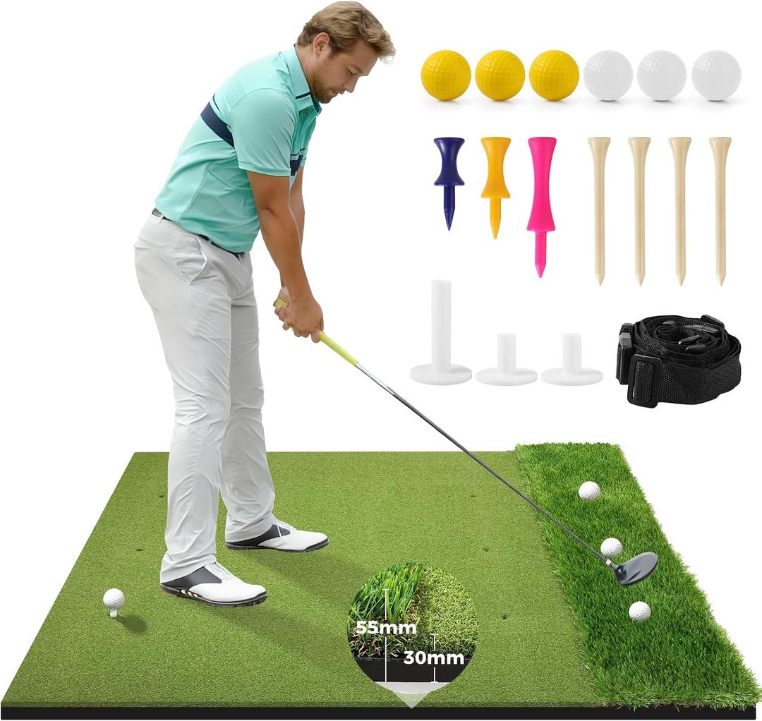 5x4ft Golf Mat with Ball Tray - Thickened Dual-Turf Golf Hitting Mat with Alignment Lines for Indoor & Outdoor Use, Golf Practice Mat for Swing Simulators Chipping Training, Ideal Gift for Golfers, Large