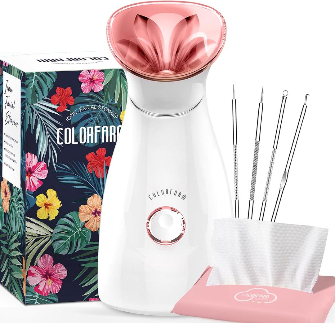Colorfarm Facial Steamer Nano Ionic: Face Steamer Deep Cleaning Unclogs Pores - Humidifier Hot Mist Home Sauna Spa for Women Men Sinuses Moisturizing (5 Piece set, 1- Rosegold)