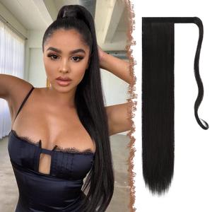 FESHFEN Straight Ponytail Extensions - 28 Inch Long Wrap Around Synthetic Natural Black Ponytails Hair Piece Pony Tail Hair Extensions Hairpieces for Women