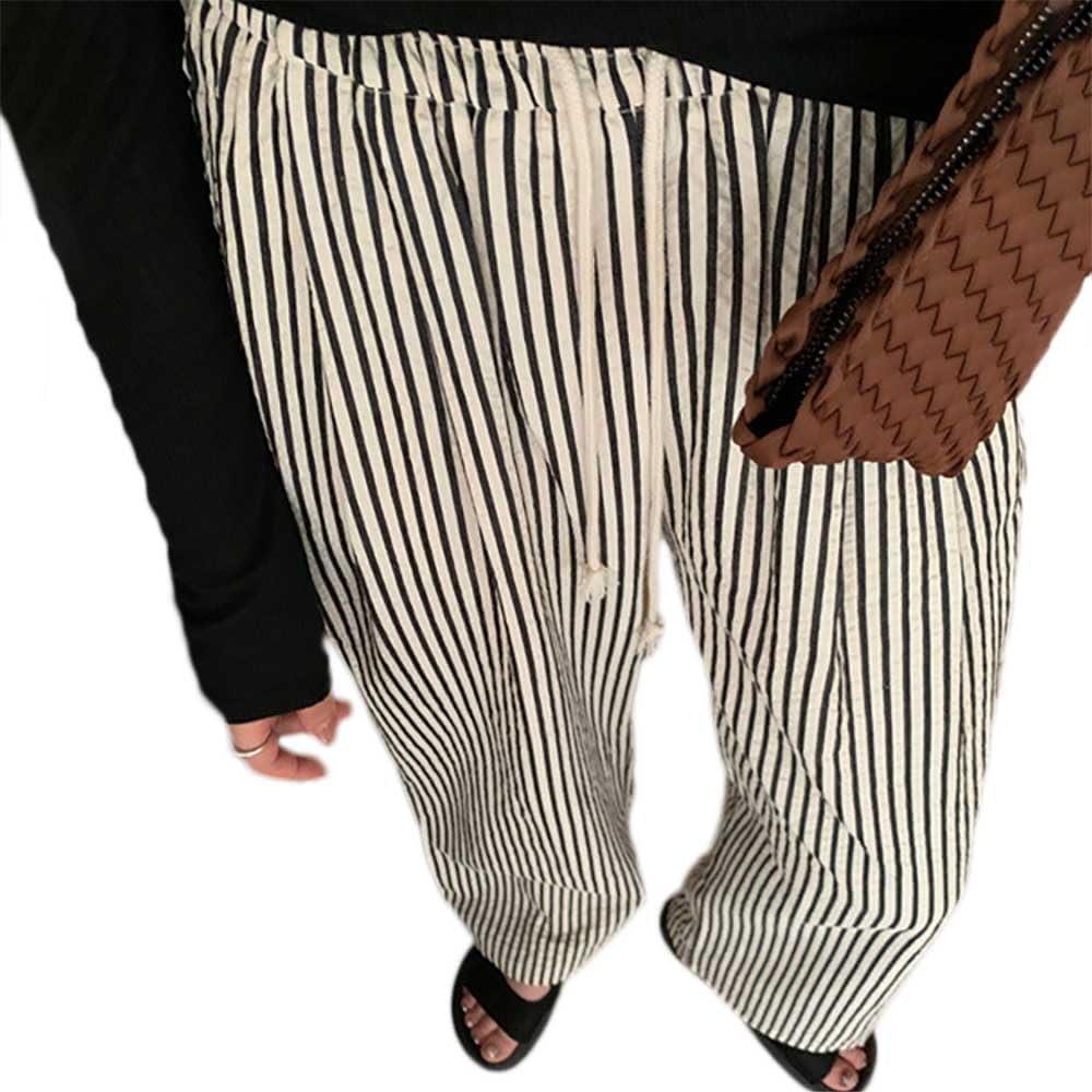 XIBAOBAO Women's Black White Striped Seersucker Pants Pinstripe High Waist Drawstring Lounge Pants Beach Lightweight Palazzo Trousers M (M)